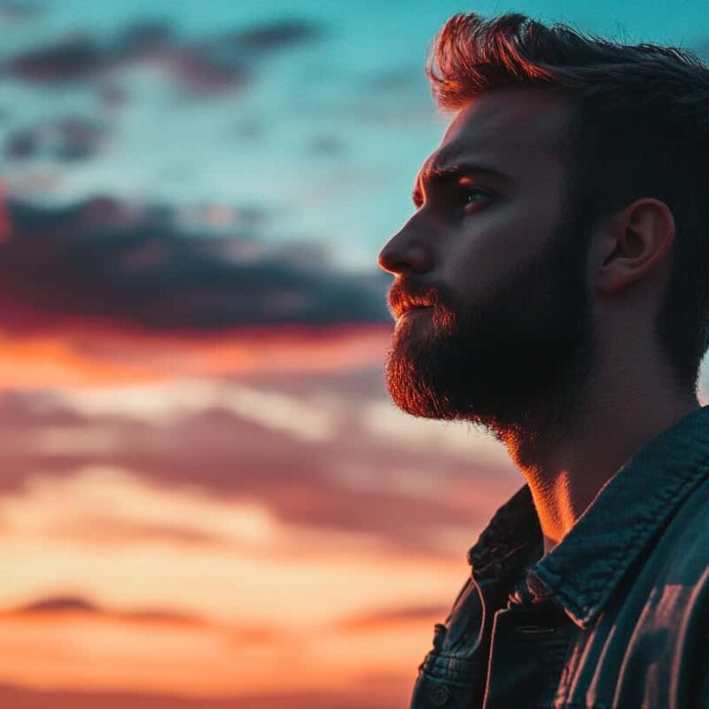 Man looking off in the distance on a sunset night to show the peace that comes from going to the best rehab in northwest arkansas