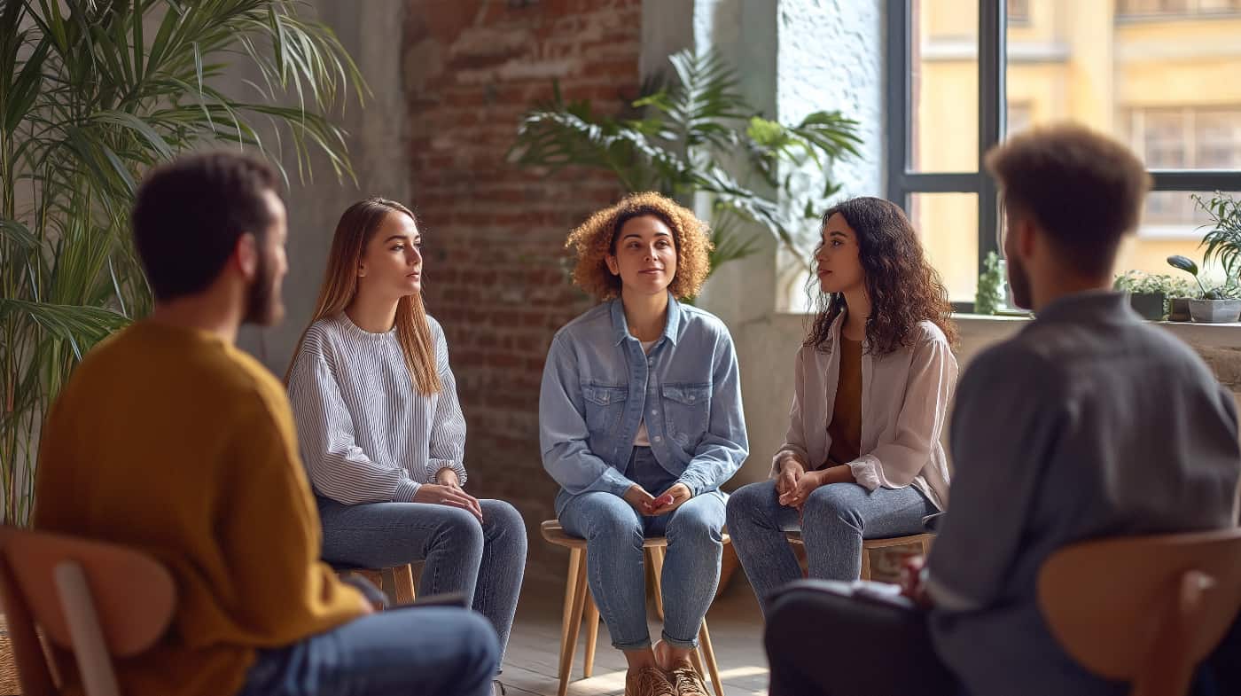 Group of people in a well lit room offering support to others who work and go to outpatient rehab