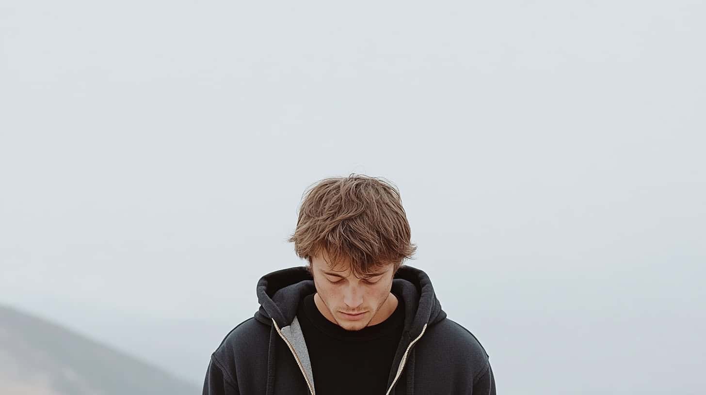 man looks down in a foggy landscape to show the calming but possibly dangerous power of Kratom Maeng Da