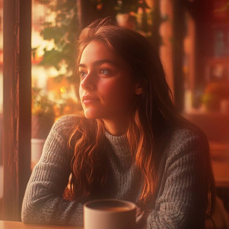 A woman sits in a cafe to show how to cope with drug and alcohol cravings