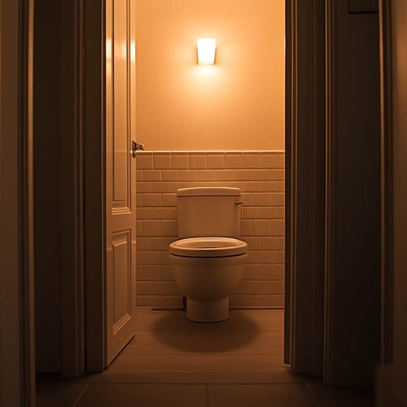 image of a bathroom looming at the end of the hall to show a bit of the frightening connection between Alcohol and Diarrhea