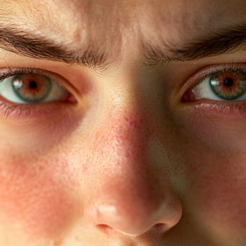 Close up of red cheeks and puffiness showing how drinking alcohol affects your skin.