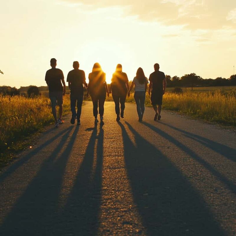 Group of friends walk on a road in Springdale to show addiction treatment support in their town