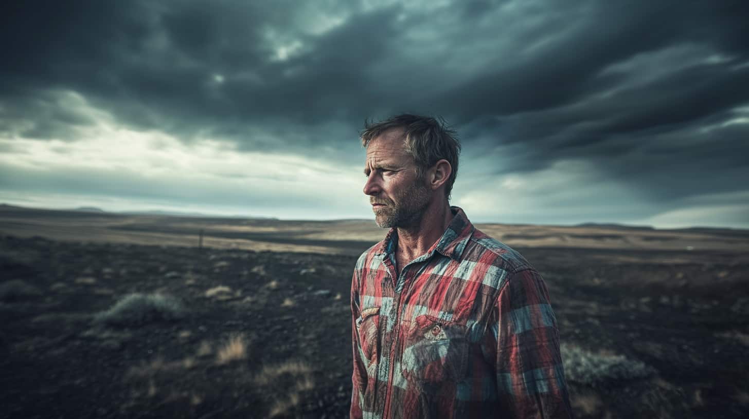 A weathered man in a desolate landscape looks in the distance to show an example of documentaries about addiction.