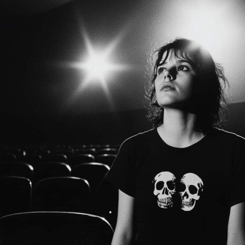 Woman in a movie theater with skulls on her t-shirt is watching documentaries about addiction.