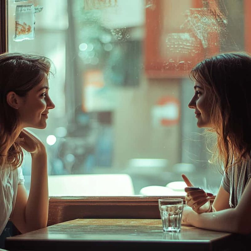 Two young women chat in a cafe, one is asking "does rehab work?"