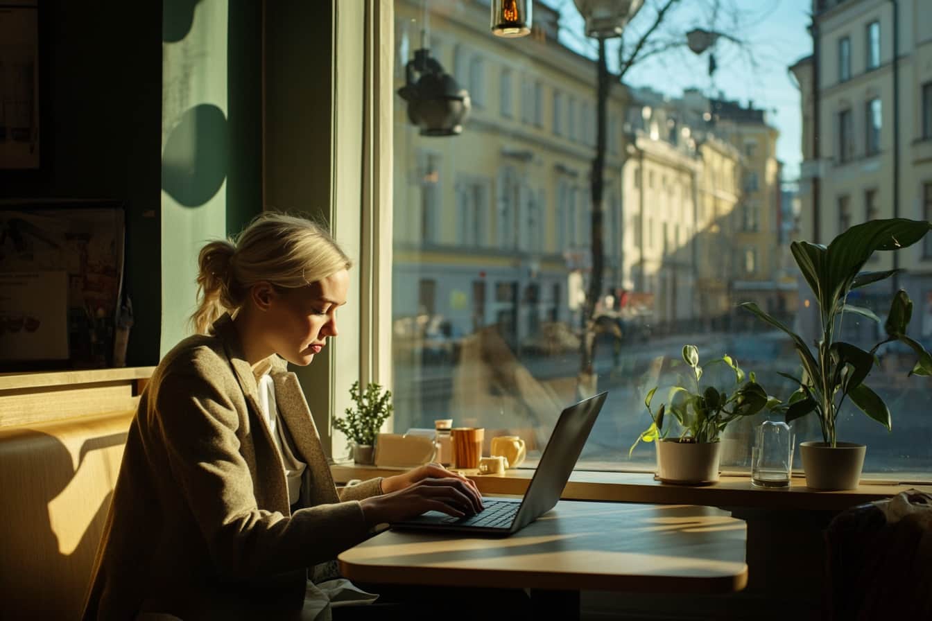 Woman executive sits in a coffee shop thinking about outpatient rehab for executives