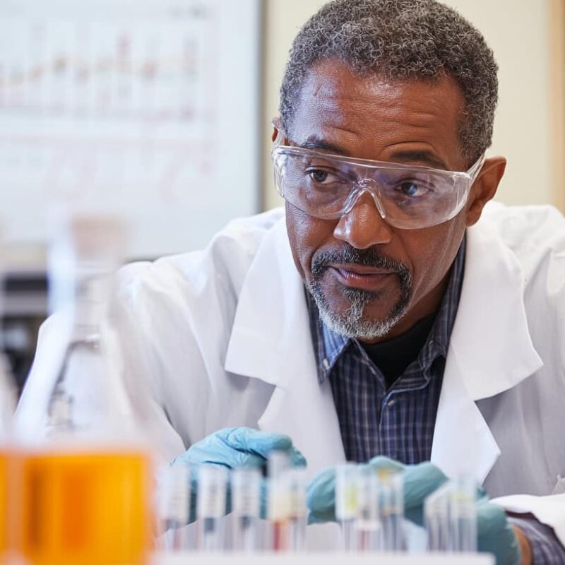 Man in a white lab coat in a laboratory is examining the effects of alcohol in a scientific manner.