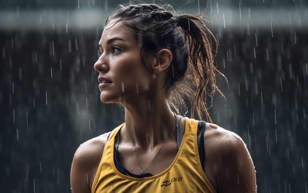 Woman in the rain during exercise showing a healthy lifestyle that shows sobriety vs recovery.