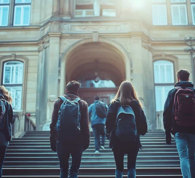 College students walking up stairs to a classroom illustrating who is affected by Adderall abuse with college students.