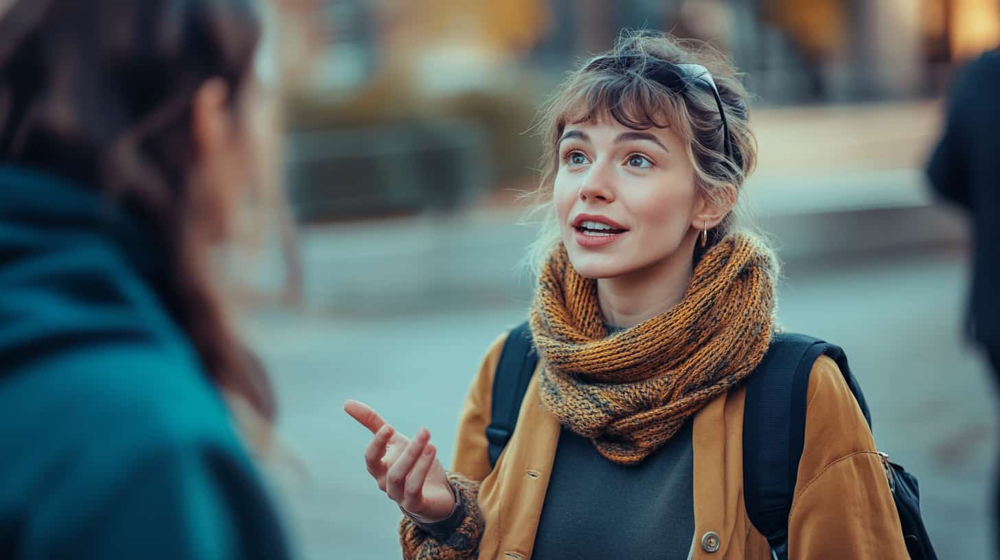 Woman on a city street talks to another woman about the difference between CBD and THC.