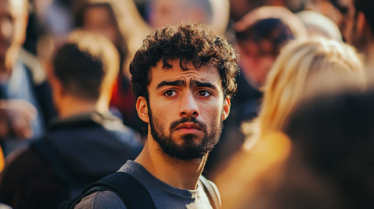 Man in a crowd looks confused as people walk by him, he is wondering, can drugs cause schizophrenia?