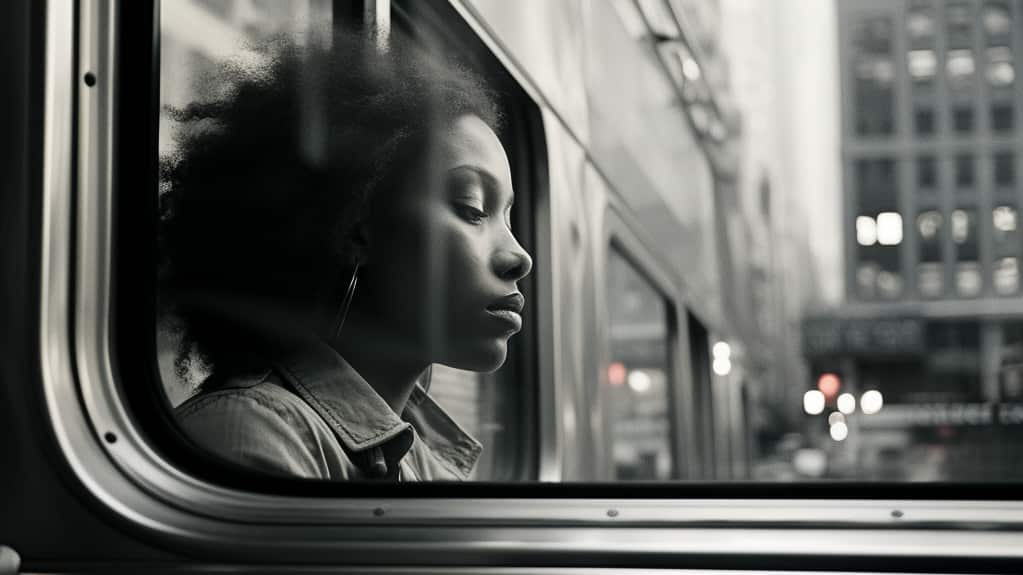 Woman sits on a bus in a city looking contemplative considering what meth withdrawals might look like.