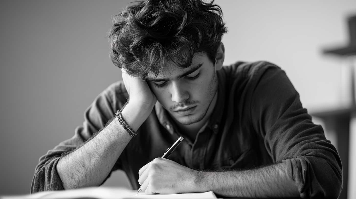 Black and white image of a young student falling asleep while studying wondering how long does Adderall last.