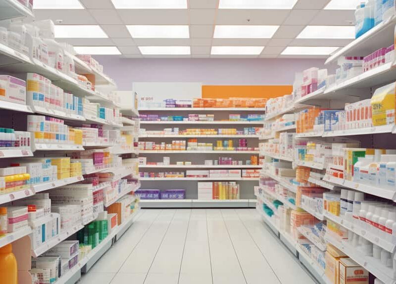 An aisle in a pharmacy showing all the many prescription medications that can influence trazodone addiction.