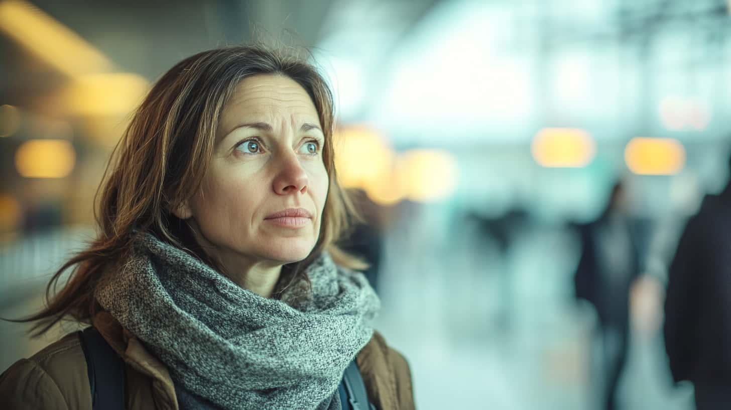 Woman waits at a train station in Tulsa Oklahoma showing signs of recovering from Trazodone addiction