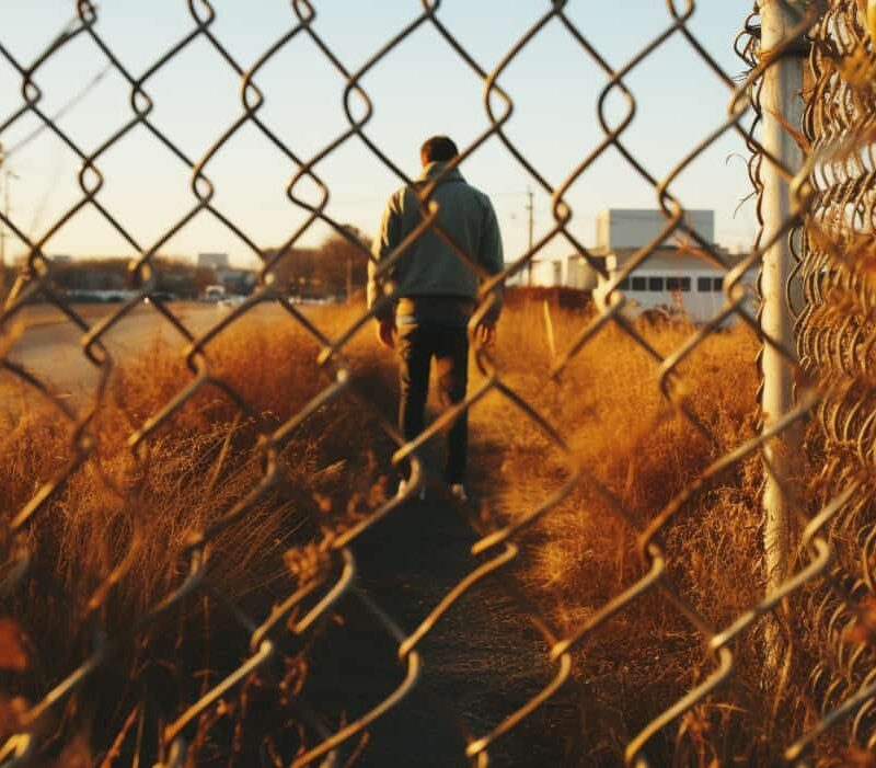 Man walks on a deserted road as seen through a chain link fence showing how long acid may last for someone trapped in the effects.